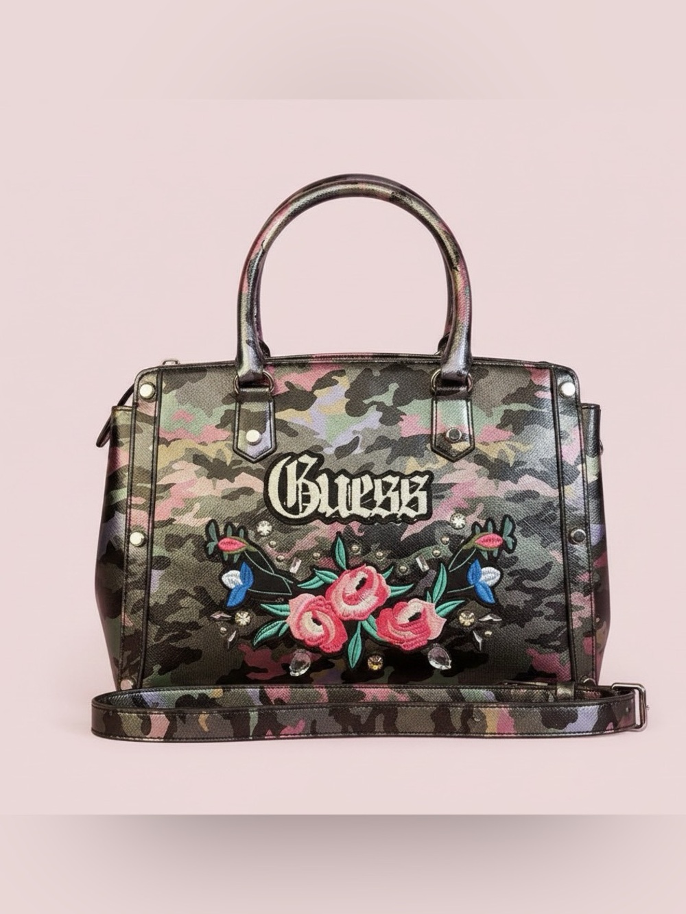 Guess Badlands Camouflage Satchel Bag Purse *Missing Gems* NWOT